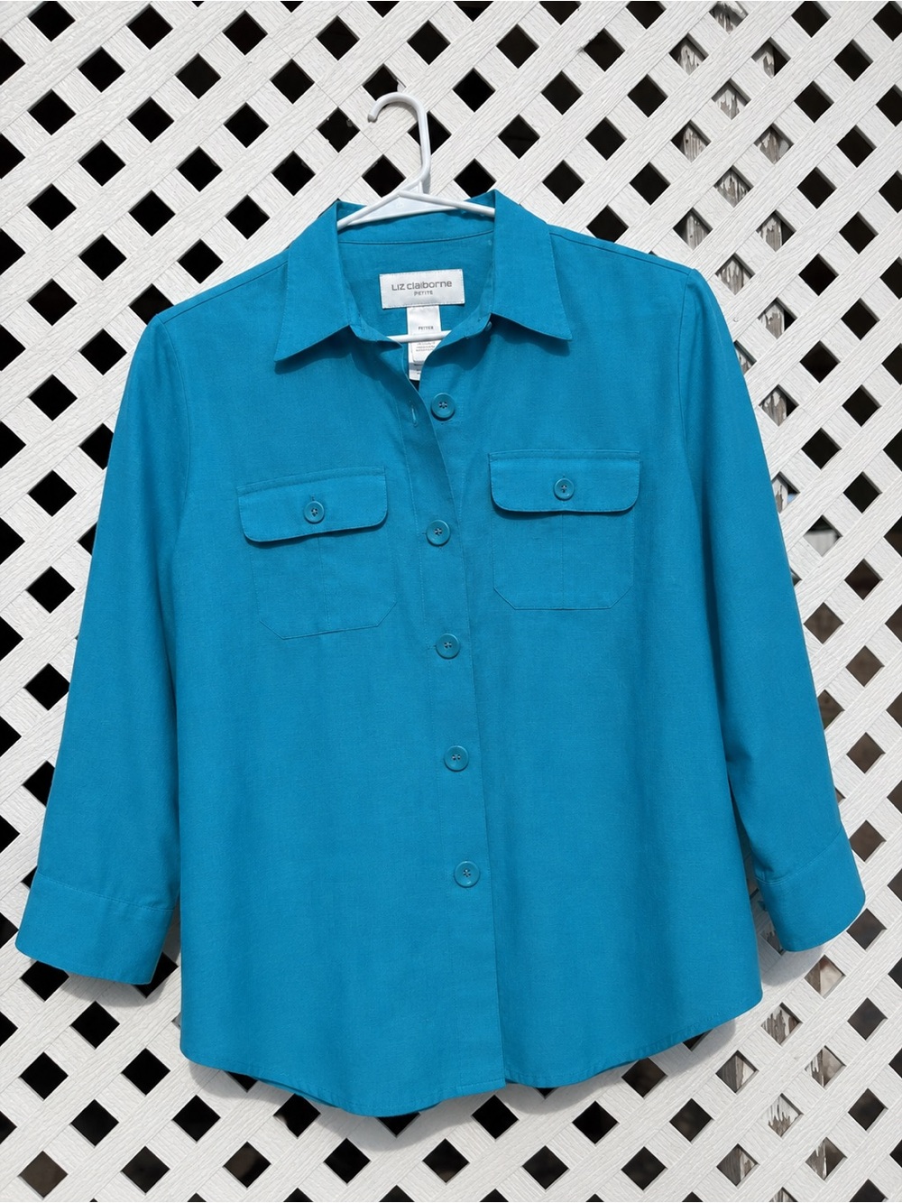 Liz Claiborne Teal Button-Down Shirt with Flap Pockets 100% Linen